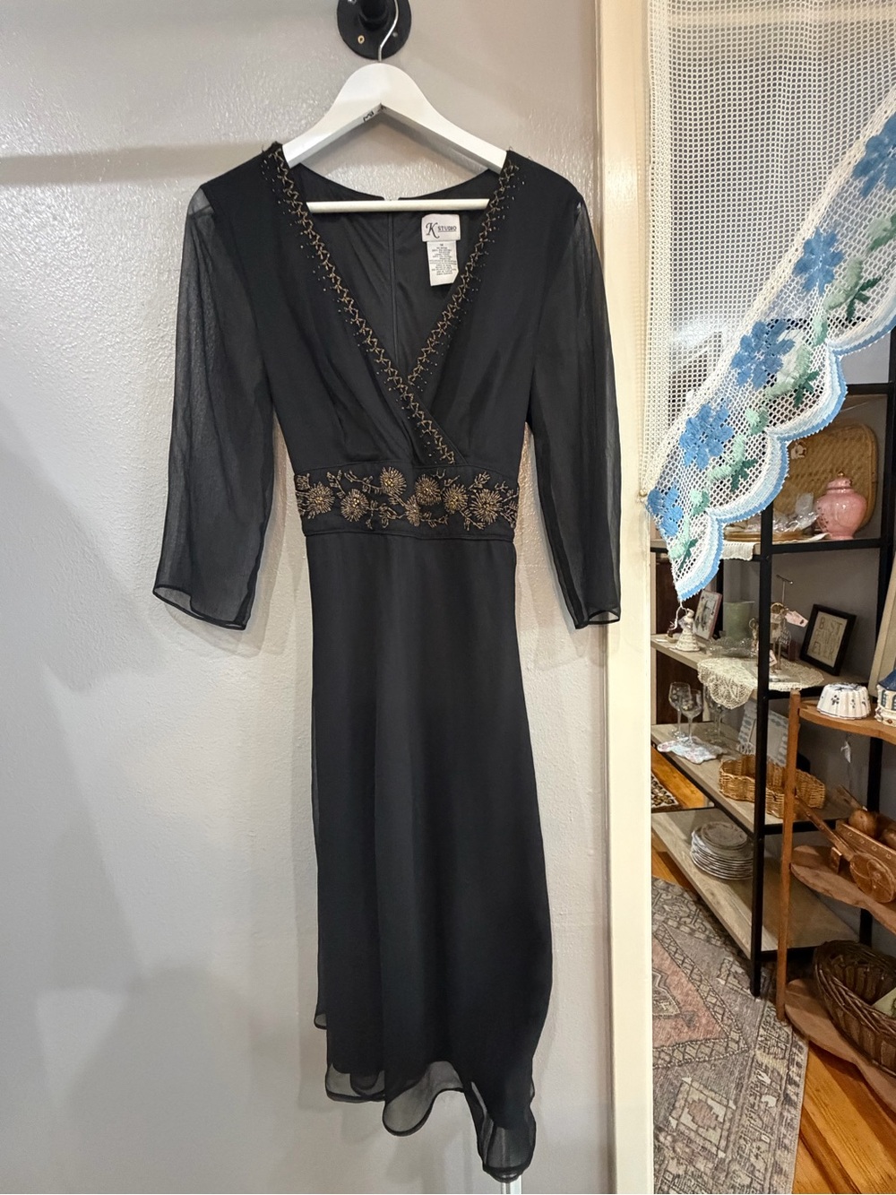 K Studio Long-Sleeve Dress with Gold Embroidered Waist